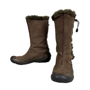 Privo by Clarks Leather Boots Womens 10M Brown Bronze Fur Trim Side Lace Toggle